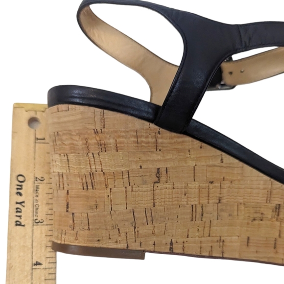 Cole Haan Gillian Mid Wedge Leather Sandals 10 Black Cork Platform Ankle Strap - Picture 10 of 14